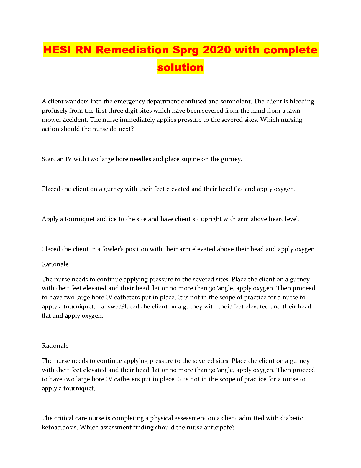 Preview image of HESI RN Remediation Sprg 2020 with complete solution document